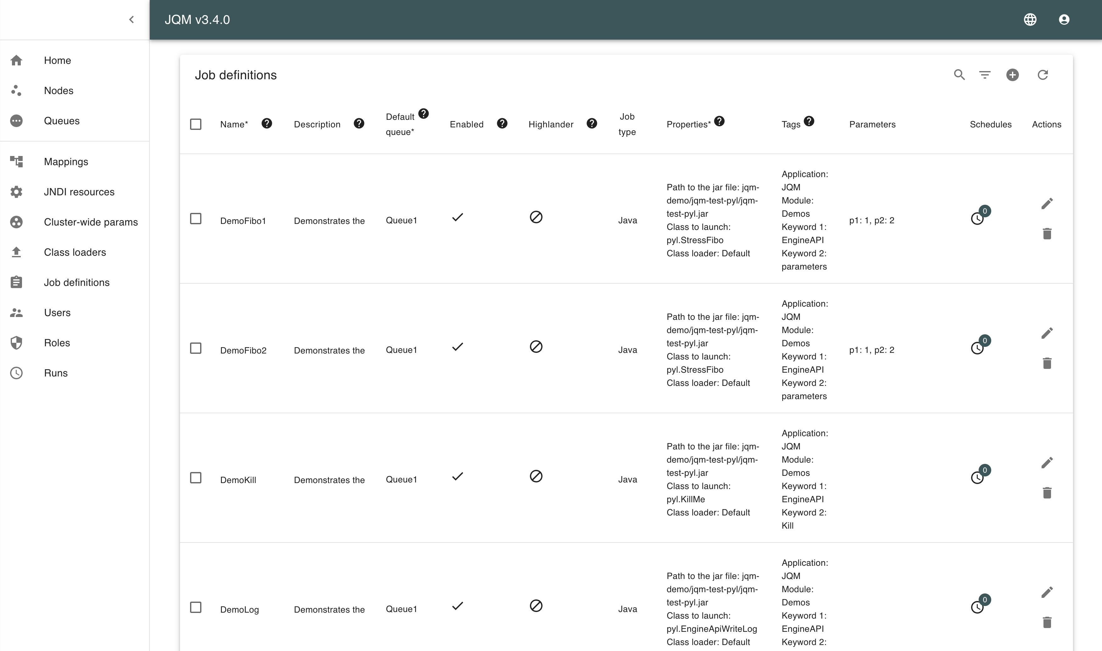 Job definitions page to configure jobs