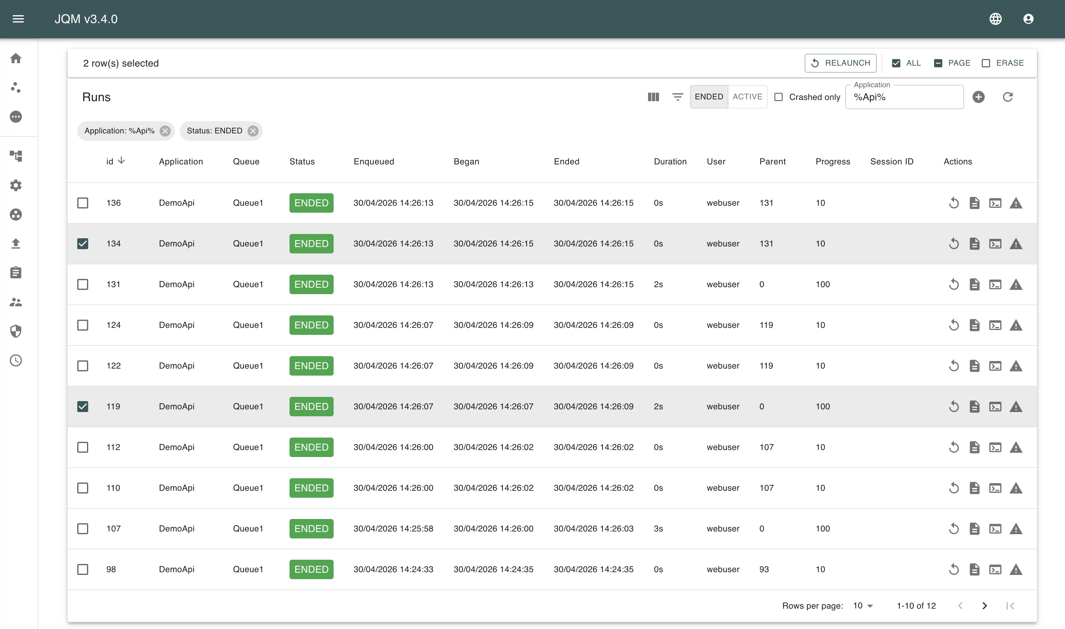 Runs page to monitor and control live and historical job executions